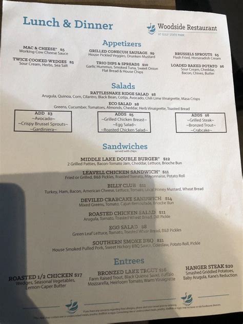 woodside restaurant menu.
